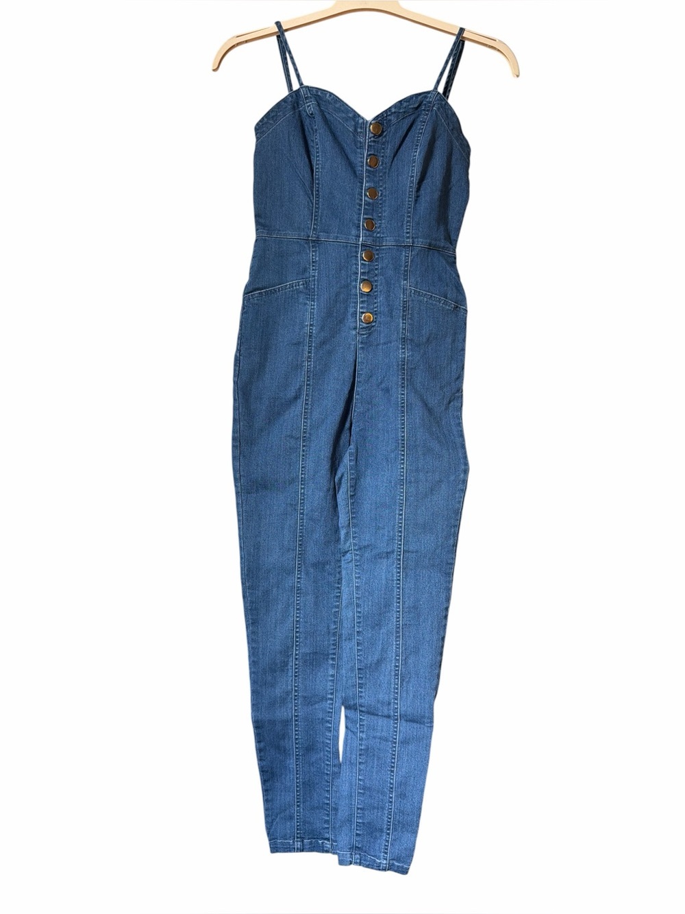 Vintage y2k Denim Button Front Fitted Jumpsuit Spaghetti Strap One Piece Summer